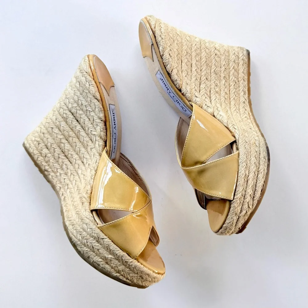 Jimmy Choo Patent Leather Espadrille Wedge Sandals Tan Camel 39